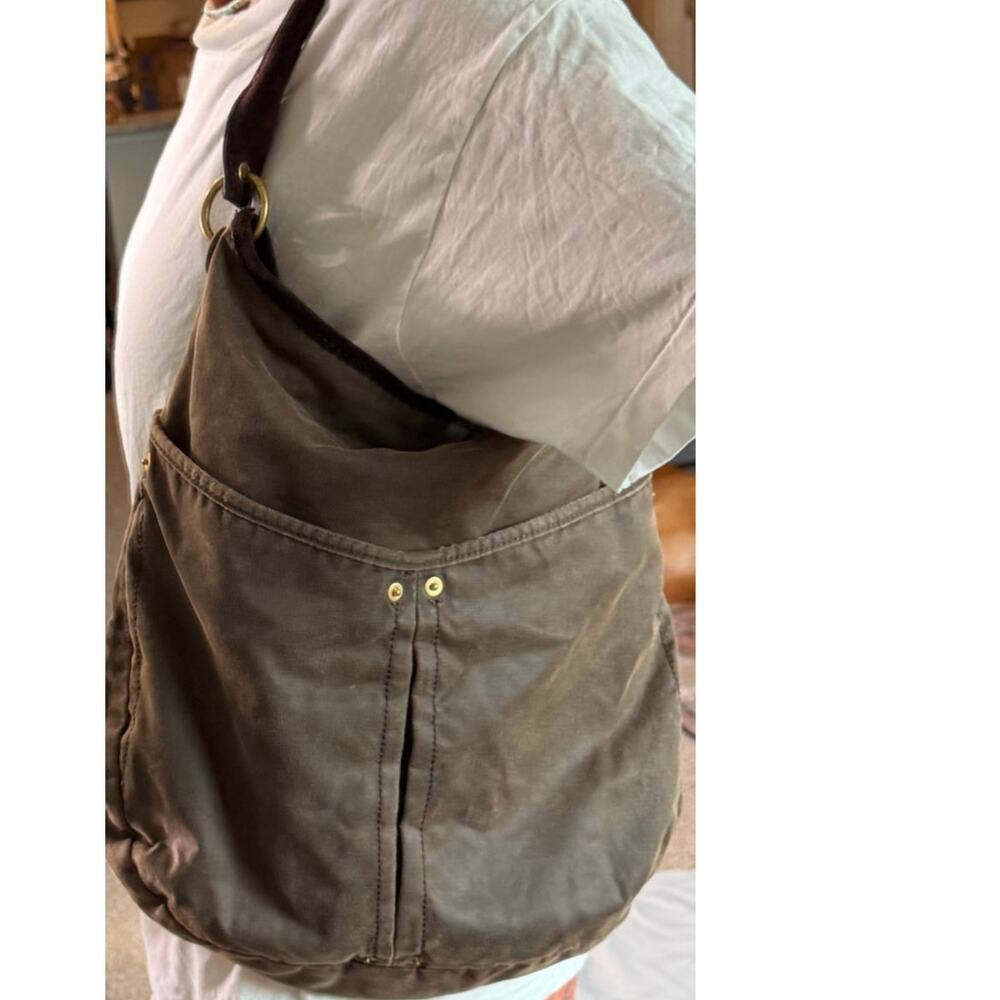 Zara Brown Canvas Leather Trim Hobo Shoulder Bag Women's Large - Picture 3 of 13